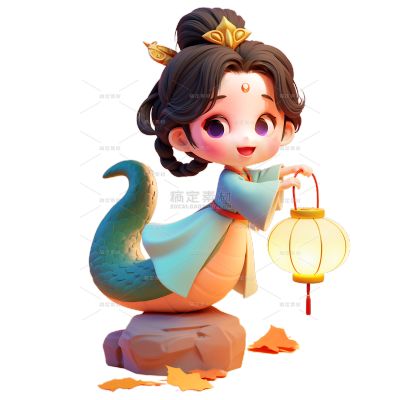 蛇年春节国潮风3D青蛇蛇年IP灯笼元素
