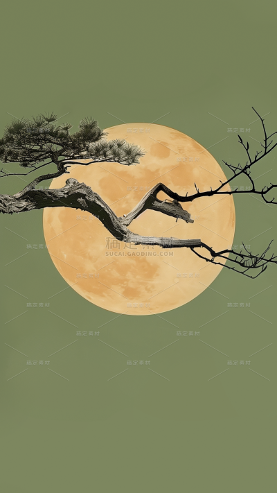 中式感树枝/建筑月亮背景图片