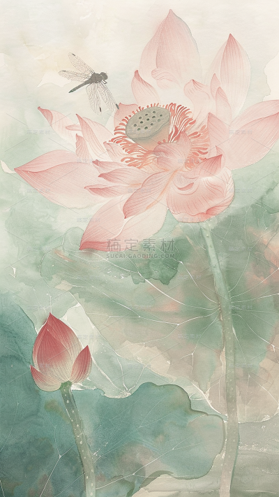 夏日中国风-荷花荷叶水墨晕染无描线工笔画图片背景