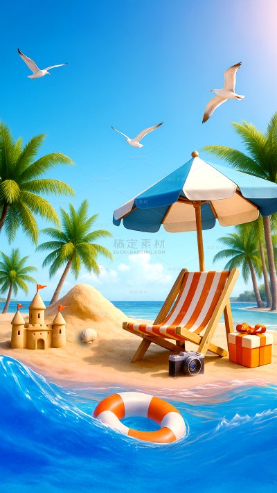 夏天实景感海边沙滩椰树背景图