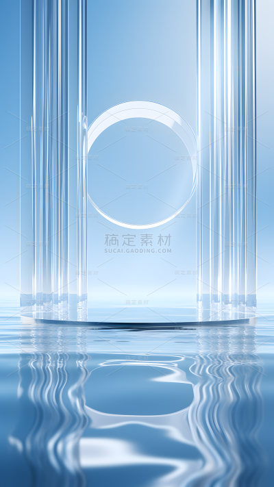 通用电商简约风纯色蓝色水面透明玻璃圆形展台场景背景
