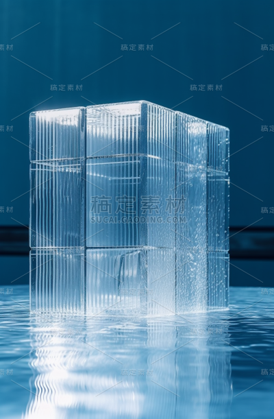 一个装有液体的玻璃盒子放在蓝色表面上方，风格为edoardo tresoldi，柔和的色调过渡，weathercore，由塑料制成，uhd图像，kengo kuma，特写