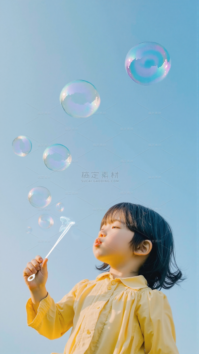 儿童节实景感天空孩子吹泡泡背景