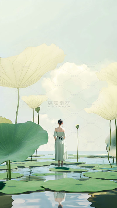 立夏实景感荷叶微缩人物湖泊场景背景