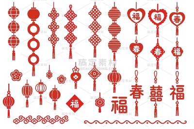 中国风系列扁平感红色新年挂饰元素组合（td）