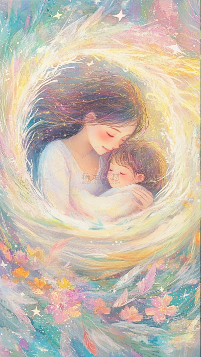 母亲节唯美感水彩母女拥抱插画背景