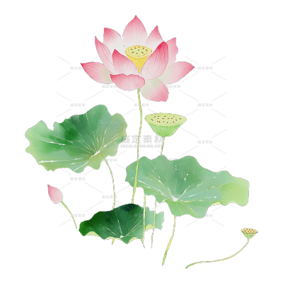 植物系列水彩插画风荷花荷叶