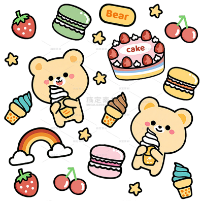 装饰系列卡通小熊水果甜品插画组合元素（td）