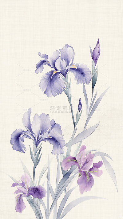 中国风系列水彩风紫色花卉插画图片