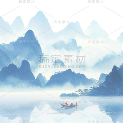 中国风通用蓝色水墨山水组合元素素材