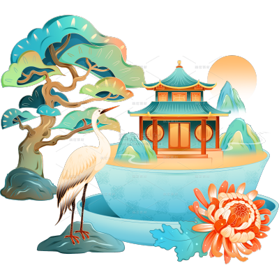 重阳节九月九日国潮手绘插画中国风中式建筑场景元素