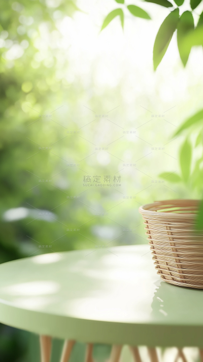 背景系列春日清新感竹叶竹篮桌面场景背景
