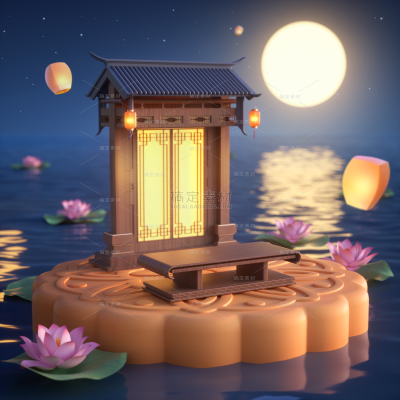 八月十五中秋节3D立体C4D电商中国风中式建筑月饼展台场景