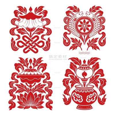 常规内容-中国风系列传统红色吉祥剪影装饰花纹组合