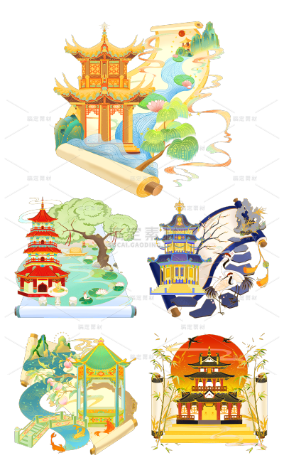 2309SC-素材组合-中国风-国潮园林画卷建筑元素
