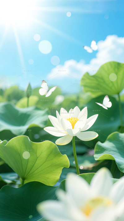 小暑大暑光影感蝴蝶蜻蜓荷花池塘场景背景