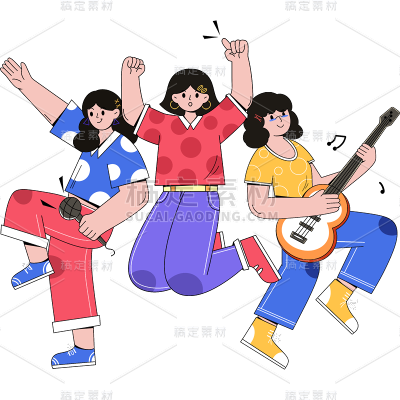 五四青年节通用扁平人物粗描边多人欢庆人物元素素材