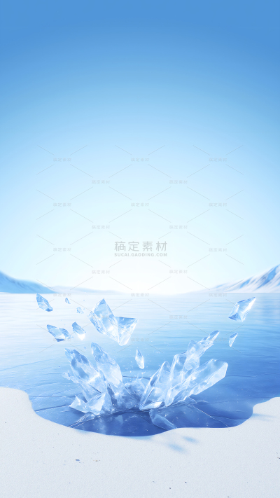 特效系列写实冰块喷溅湖泊蓝天背景