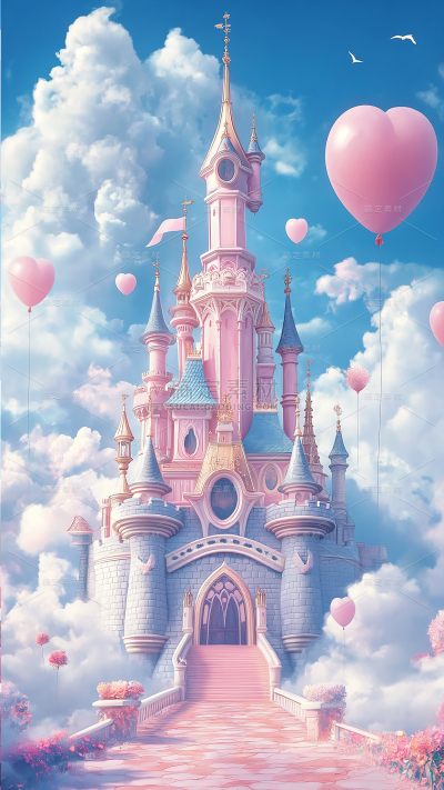 建筑系列梦幻粉色城堡场景背景