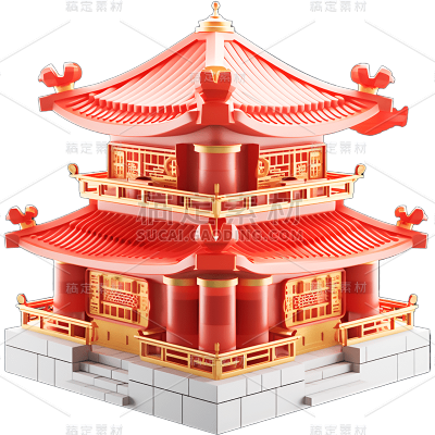 3D立体C4D元素中式中国风建筑亭子元素
