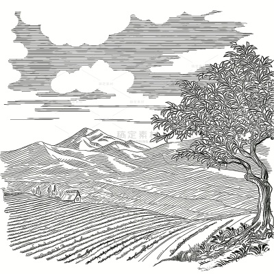 风光系列插画风乡村田野无缝景观线稿插画（td）