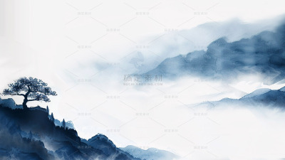 中国风通用青蓝色古风山水背景场景图片素材