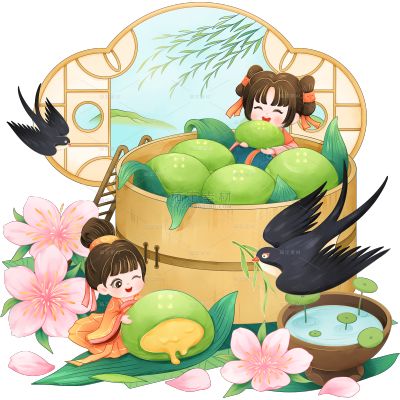 清明节清明微缩人物青团场景组合元素素材