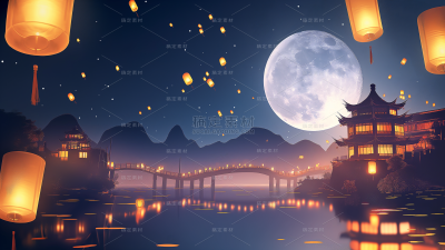 中秋节通用孔明灯月亮背景图片