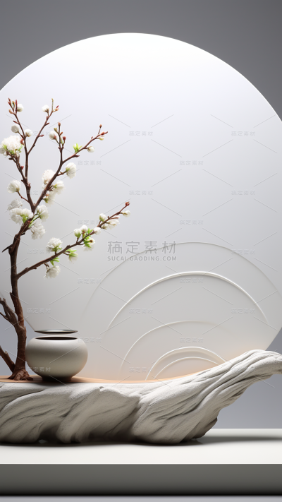 通用电商简约风国风树枝植物展台静态场景背景