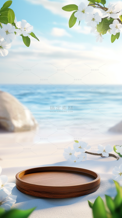 实景感海边沙滩花木桌展台背景