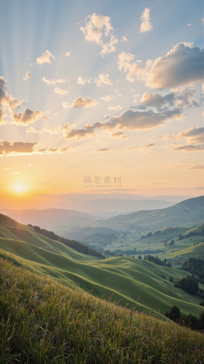 风光系列实景感绿色山丘日出背景