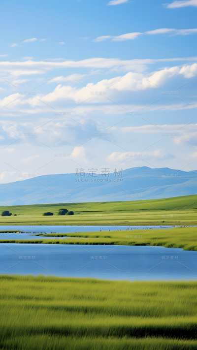 通用唯美自然山川湖水草地湿地风景背景