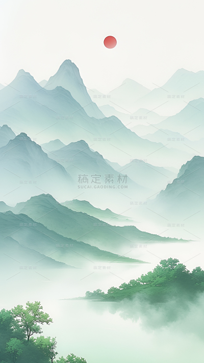 中国风通用水墨绿色对称山水背景图片素材