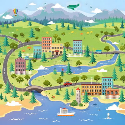 风光系列卡通风城市草原河流插画（td）