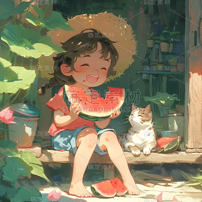 小暑通用插画夏日吃瓜儿童图片素材