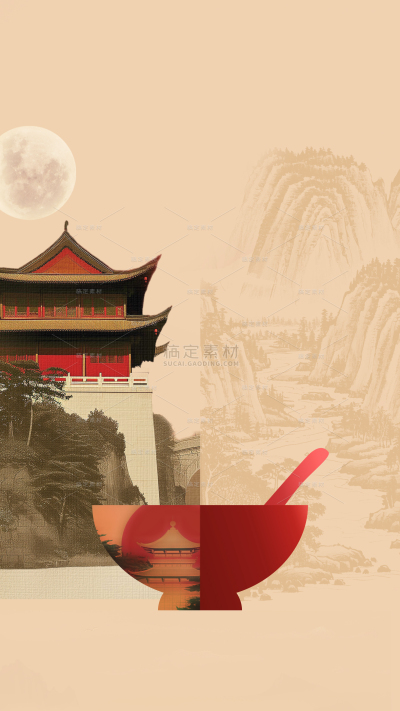 元宵节国风古建筑月亮汤圆组合背景