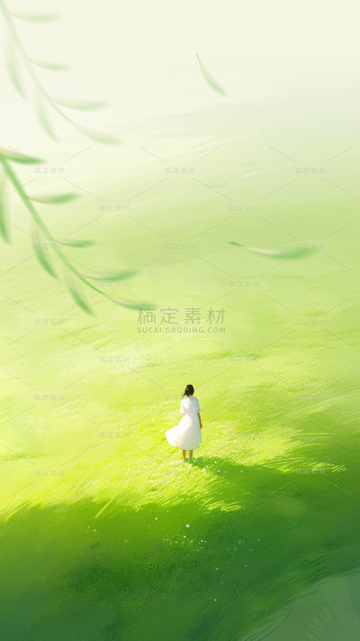 谷雨肌理感草地人物柳叶背景