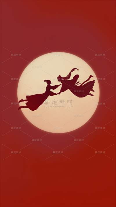 七夕情人节系列简约红色月亮人物剪影通用背景素材