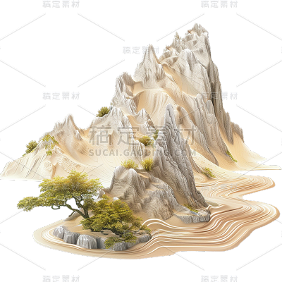 中国风通用立体山水场景组合元素素材