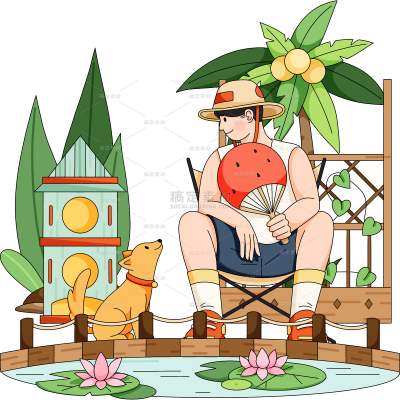 夏至通用粗描边夏至休闲人物大尺寸元素素材