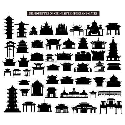建筑系列简约黑色中式城市建筑组合（td)