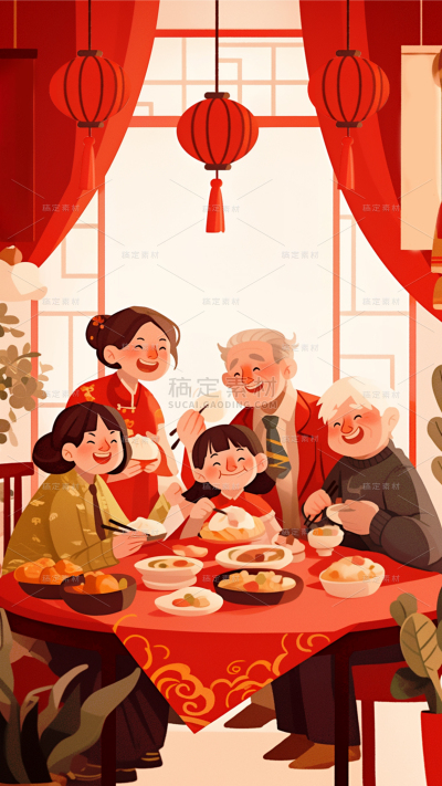 除夕&春节卡通插画年夜饭场景灯笼组合背景