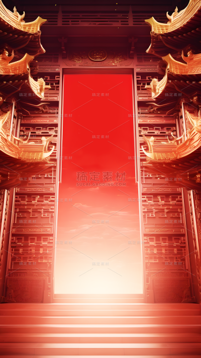 年货节促销中国风中式3D立体建筑开门红生肖展台场景图片