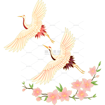 中国风系列插画风金色描边两只仙鹤飞翔元素