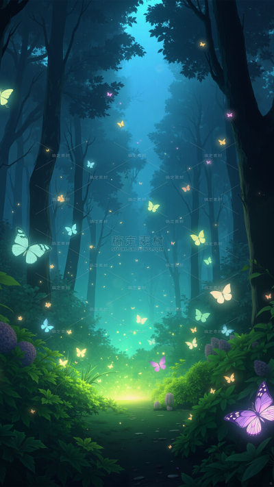 风光系列动漫感黑夜森林蝴蝶背景