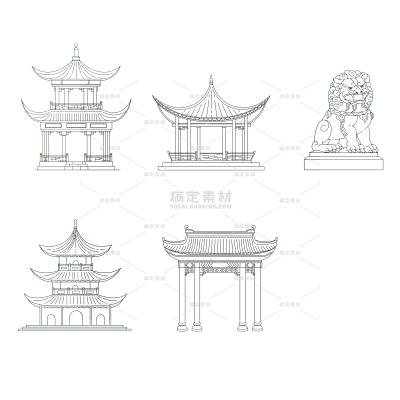 常规古风中式建筑组合套系贴纸元素素材