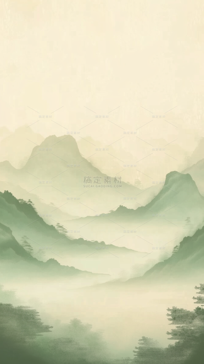 中式绿色古风山水工笔画背景系列