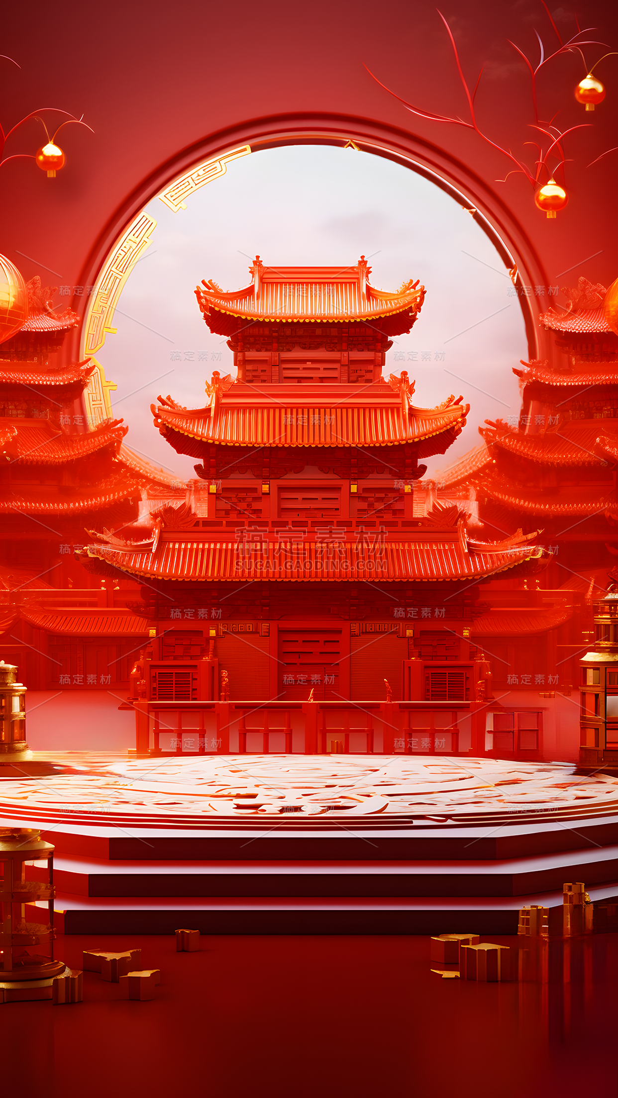 11.11双11双十一电商活动中国风中式红色古建筑场景背景