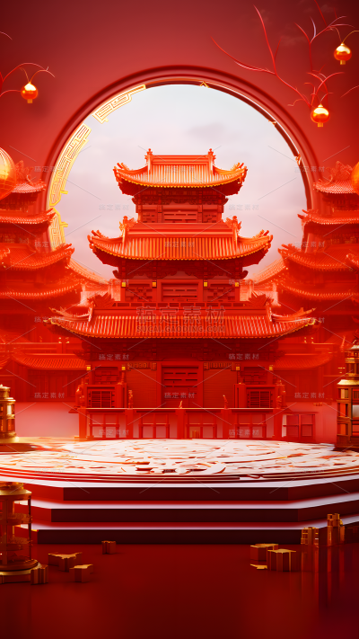 618双11双十一双十二双12电商活动中国风中式红色古建筑场景背景