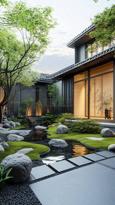 建筑系列通用实景禅意庭院池图片